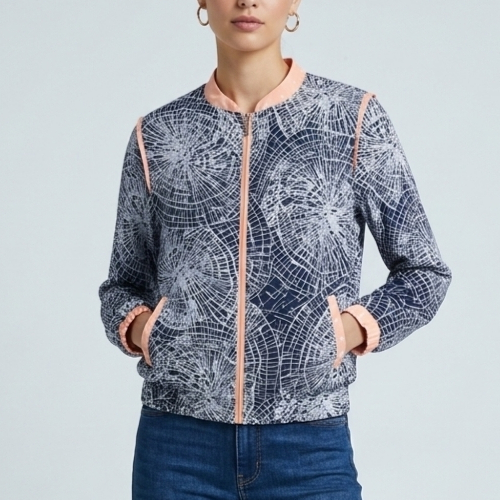 Navy & Blush Printed Bomber Jacket Sz S